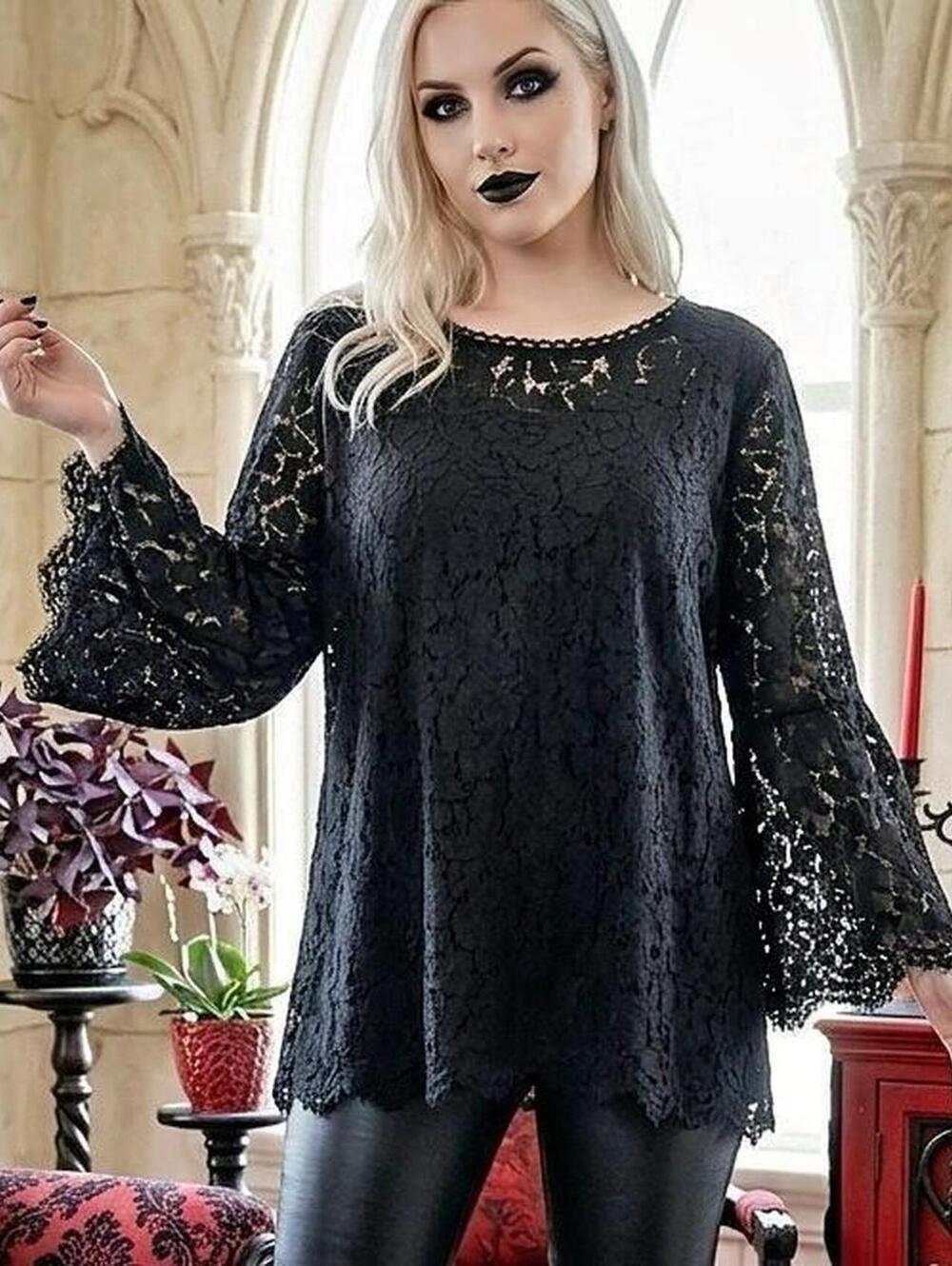 Isaac Mizrahi Black Floral Lace Bell Sleeve Gothic Top Blouse